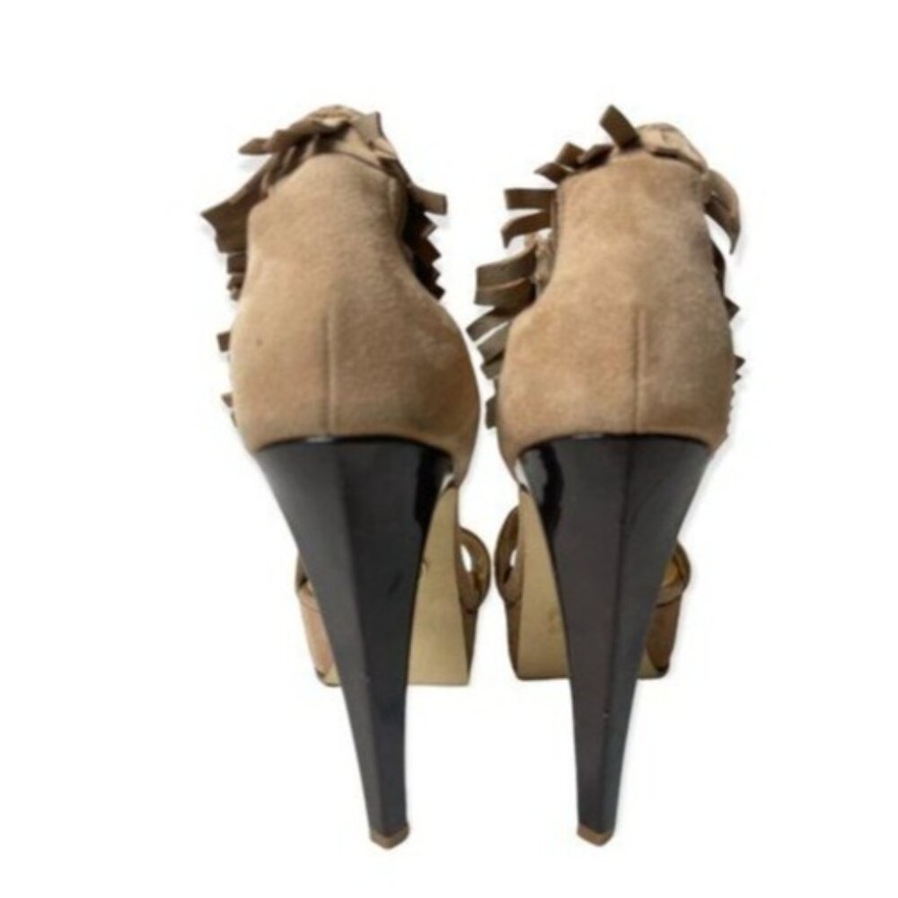 BEBE Tan Suede Leather Heels Fringe Ankle Strap Sz 7 - Picture 5 of 8